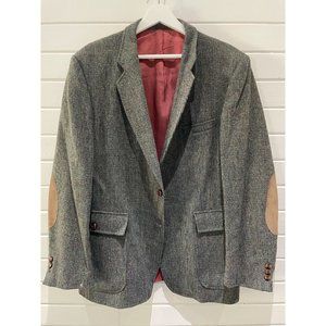 VTG Men XL Brown blue sage Tweed Elbow Leather patch virgin wool blazer *flaw*
